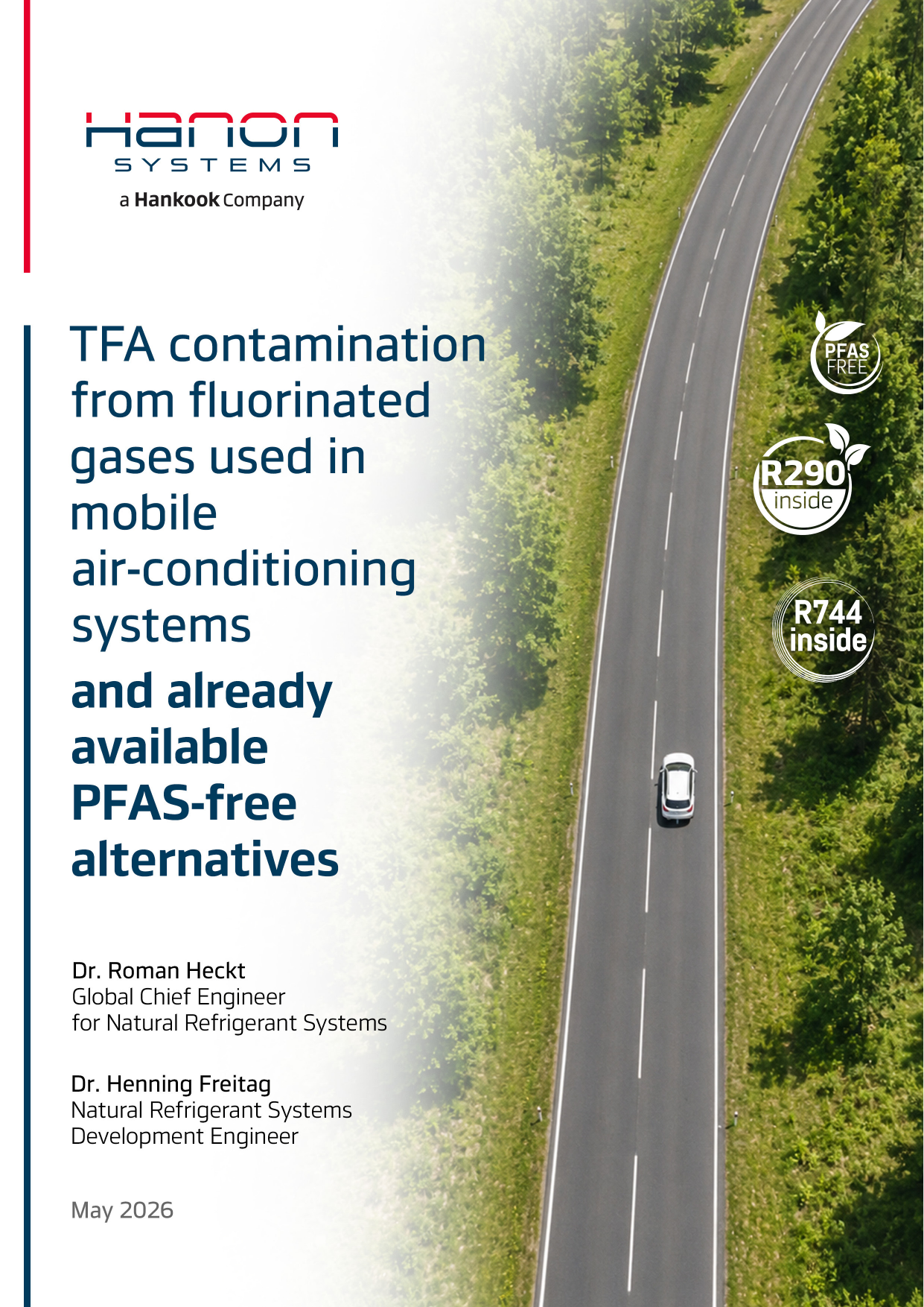 White paper cover — TFA contamination from fluorinated gases used in mobile air-conditioning systems and already available PFAS-free alternatives, Hanon Systems, May 2026